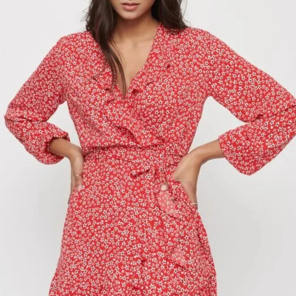 Dynamite Bright Red Floral Ruffle Wrap Long Sleeve Dress(M) - Picture 1 of 10